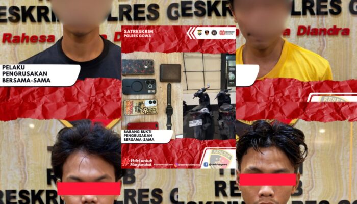 Resmob Polres Gowa Gerak Cepat Ringkus Empat Pelaku Pengrusakan Lima Masih Buron