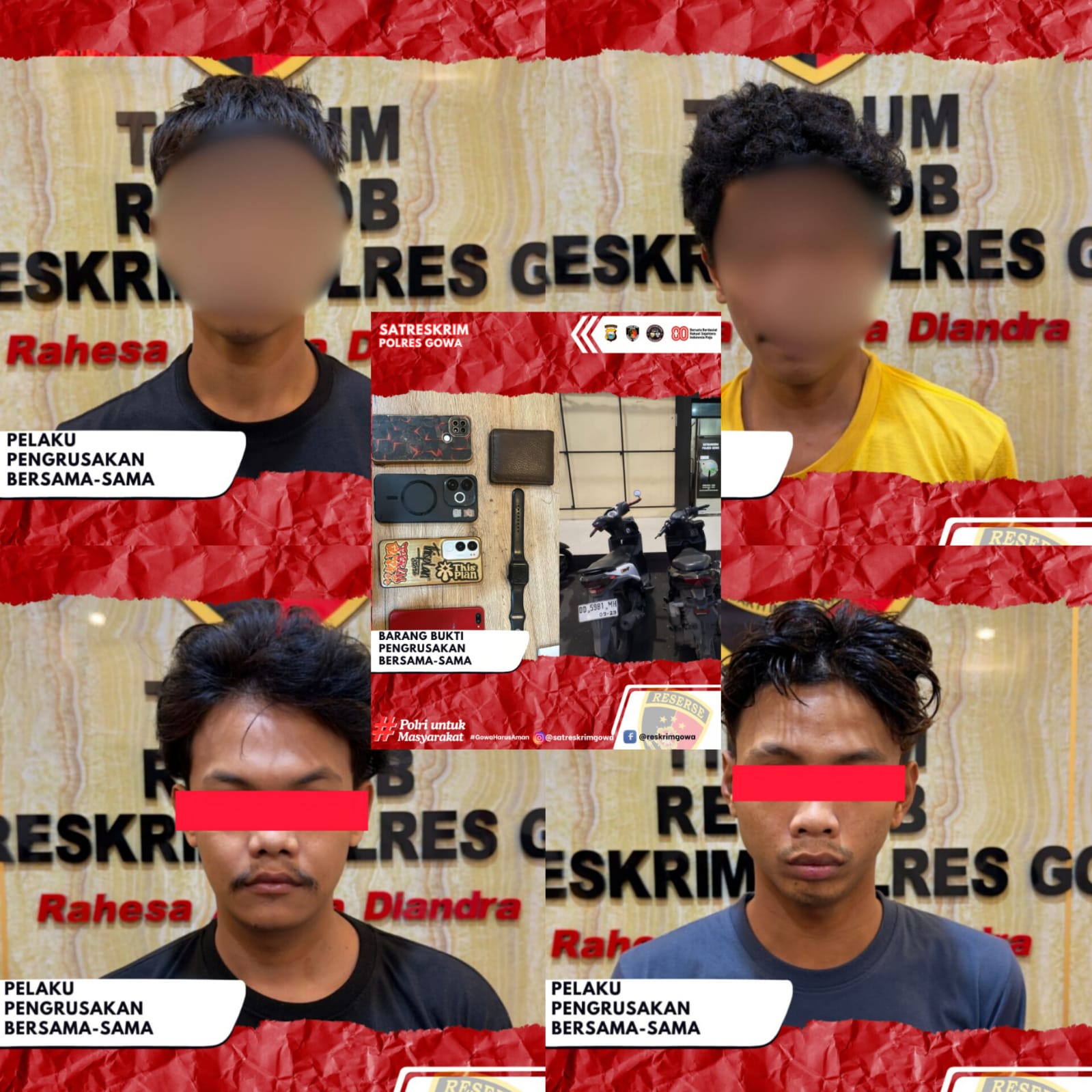 Resmob Polres Gowa Gerak Cepat Ringkus Empat Pelaku Pengrusakan Lima Masih Buron