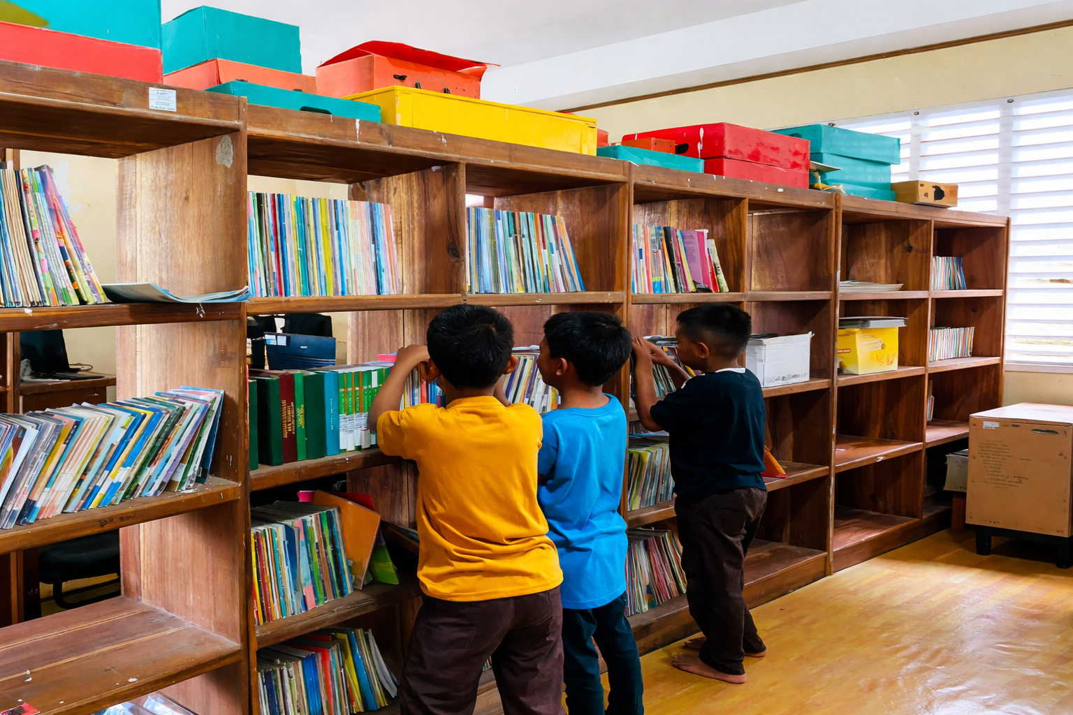 Murid SD Negeri Parinring bergotong-royong melakukan pembenahan Perpustakaan Sekolah