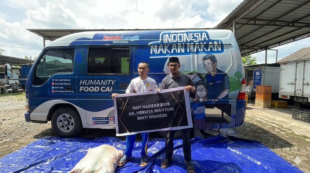 Perwakilan Gammara Inklusi bersama Kurir Langit Indonesia memperlihatkan papan penanda hewan kurban “Sapi Nadzar 2026” usai prosesi penyembelihan kurban di SLB A YAPTI Makassar, Kamis (28/5/2026).