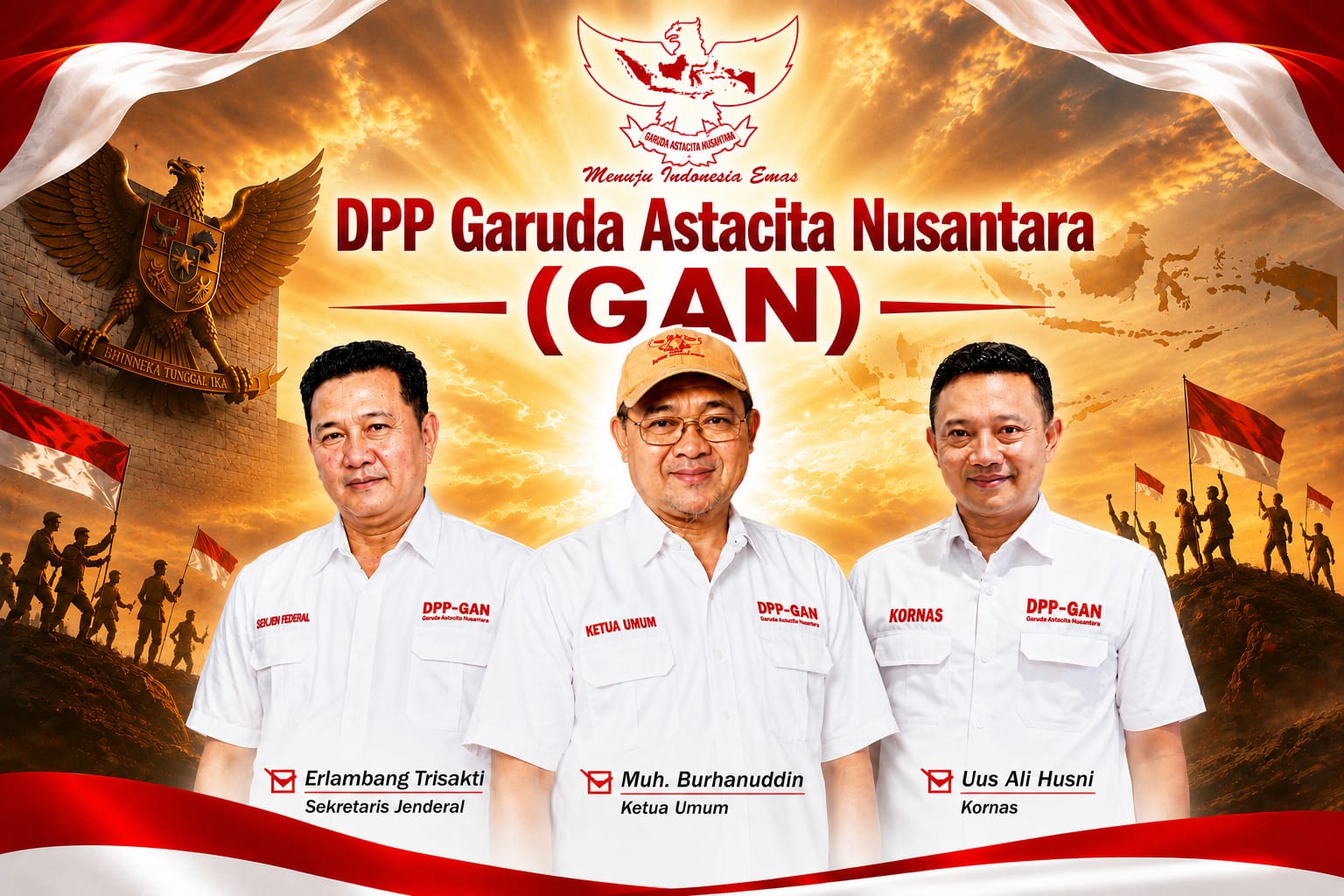 Ketua Umum DPP Garuda Astacita Nusantara (GAN), Muhammad Burhanuddin (tengah), bersama Sekjen Erlambang Trisakti (kiri) dan Kornas Uus Ali Husni (kanan), mengajak mahasiswa dan masyarakat mengawal kedaulatan ekonomi Indonesia menuju Indonesia Emas 2045.